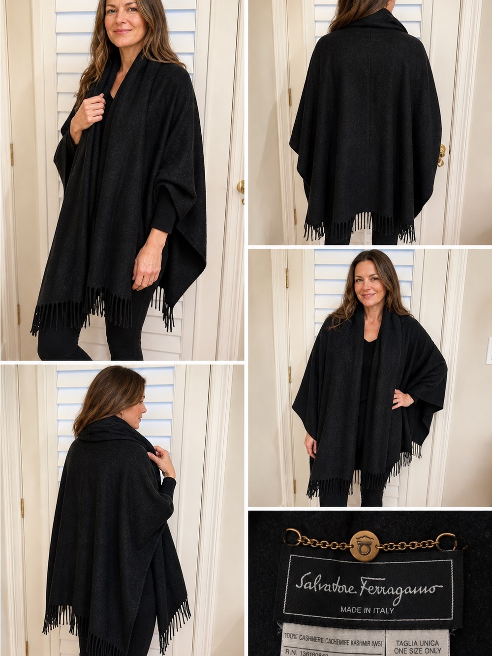 Salvatore Ferragamo Vintage Black Fringe Draped 100% Cashmere Open-Front Cape OS